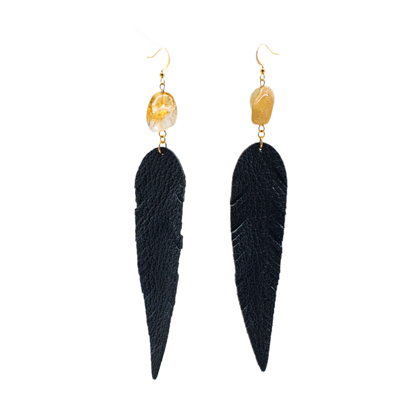 Citrine and Suede Feather Dangle Earrings 24k Gold Plated