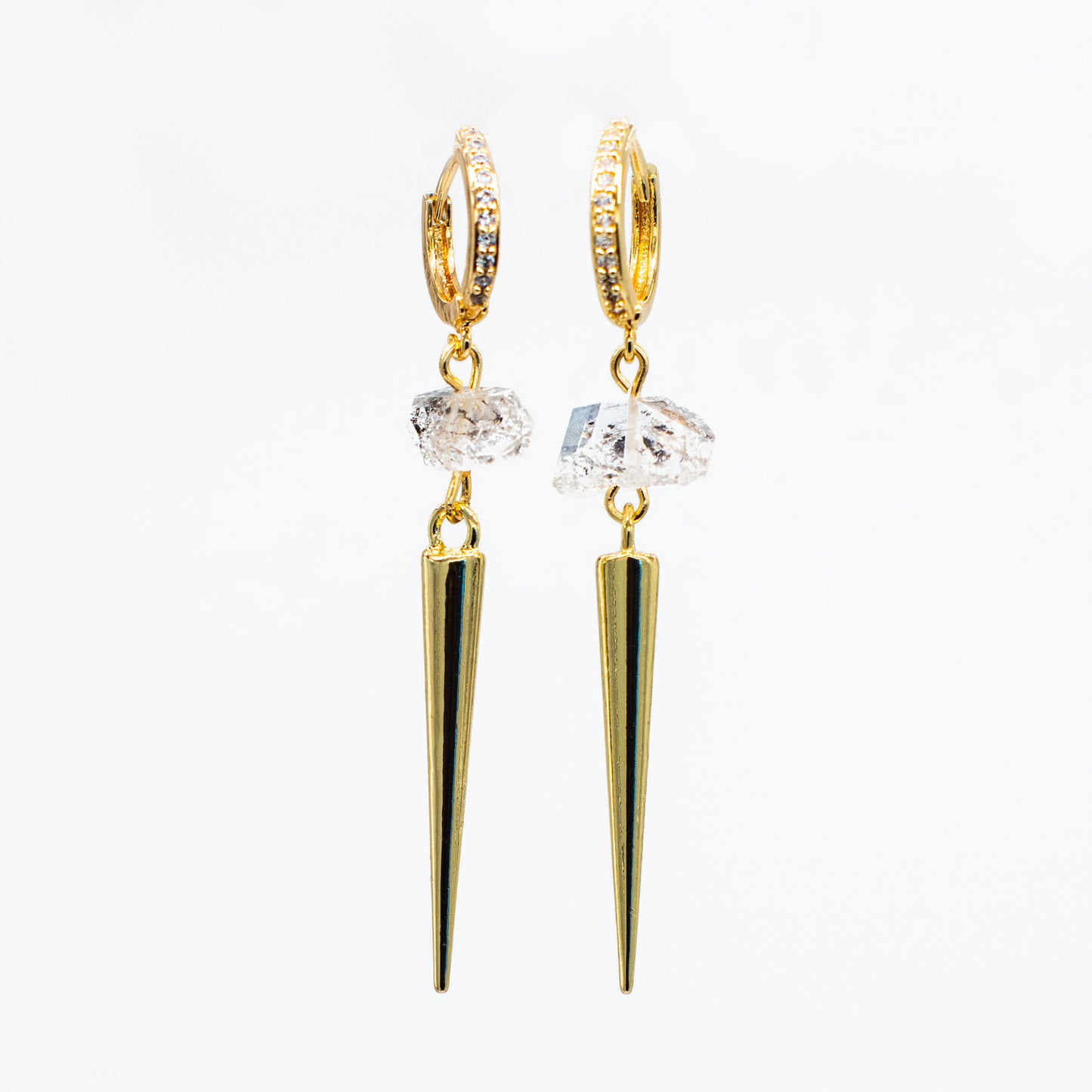Salt & Pepper Diamond Herkimer 24k Gold Plated Spike Dangle Earrings