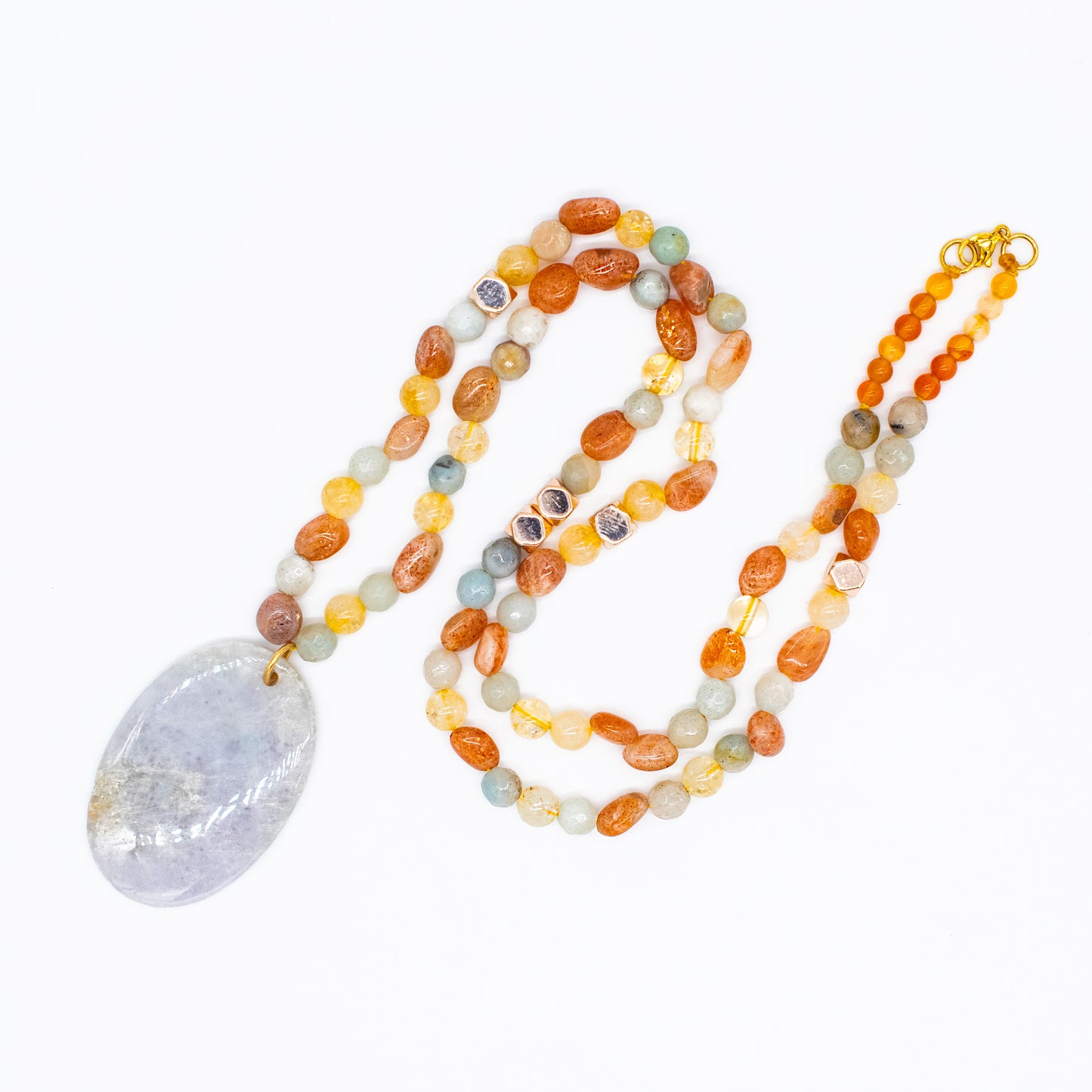 Sunstone, Flower Amazonite, & Carnelian Mala Necklace