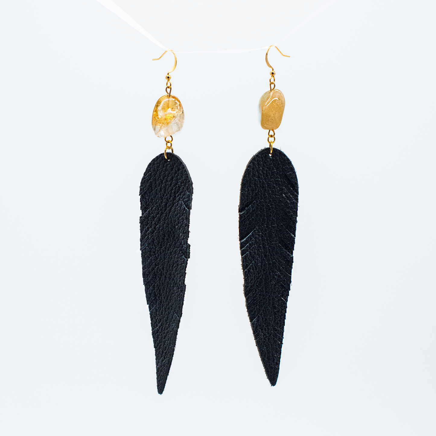 Citrine and Suede Feather Dangle Earrings 24k Gold Plated