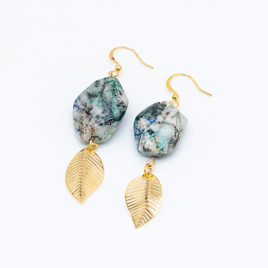 K2 Stone and 24k Gold Feather Dangle Earrings