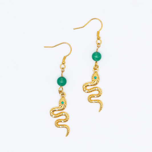 Jade Snake CZ 24k Gold Plated Dangle Earrings