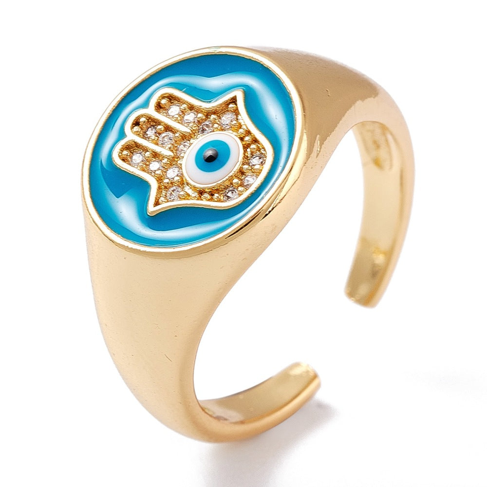 Hamsa & Evil Eye Enamel Ring 18K Gold Plated